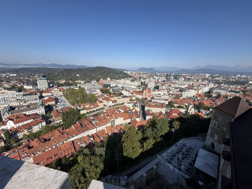 Panoramablick über eine Stadt mit dicht bebautem historischem Zentrum, roten Ziegeldächern und bewaldeten Hügeln im Hintergrund